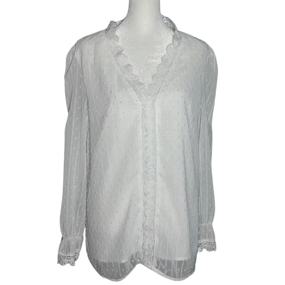 FARYSAYS Women’s Long Sleeve Lace Top V-Neck Polka Dot Flowy Blouse Size M White - Picture 2 of 7
